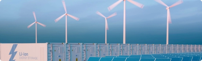 Wind turbines, solar panels, and a container energy storage system