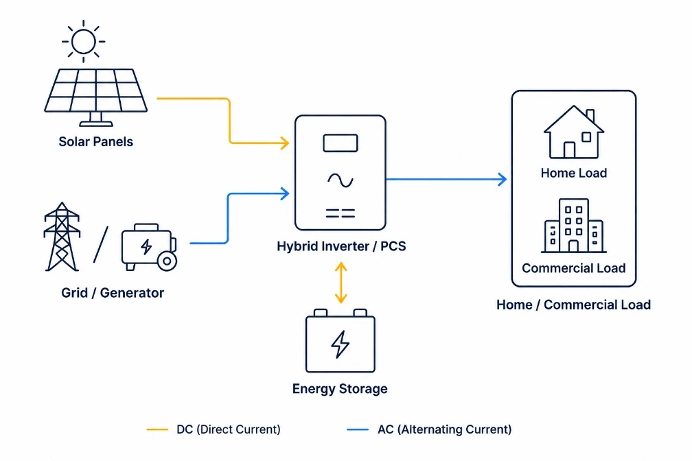 Diagram showing solar panels and grid or generator feeding a hybrid inverter, energy storage, and home or commercial loads
