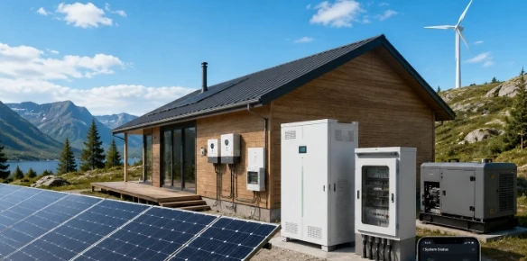 Off-grid cabin with solar panels, energy storage, inverters, and generator backup