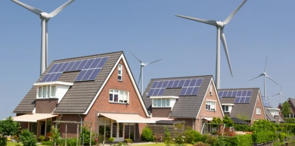 Solar panels on residential rooftops with wind turbines