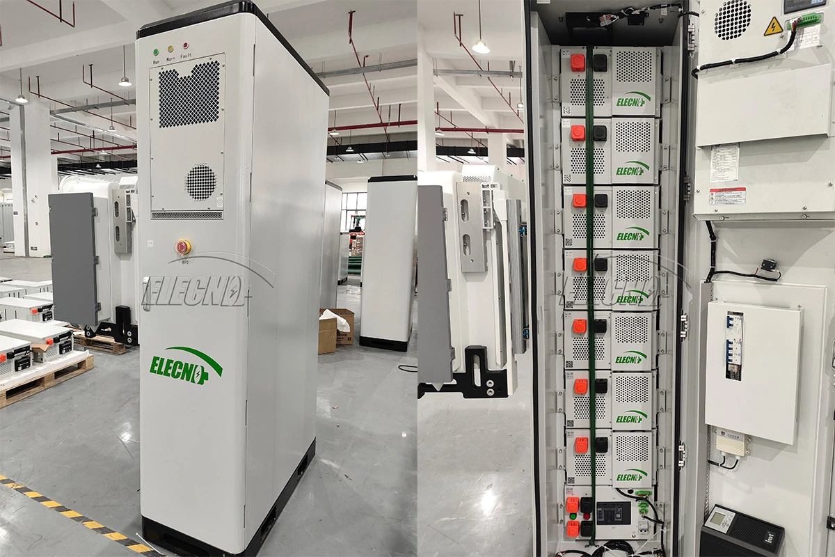 Exterior and internal battery module layout of an ELECNO commercial energy storage cabinet photographed in the factory
