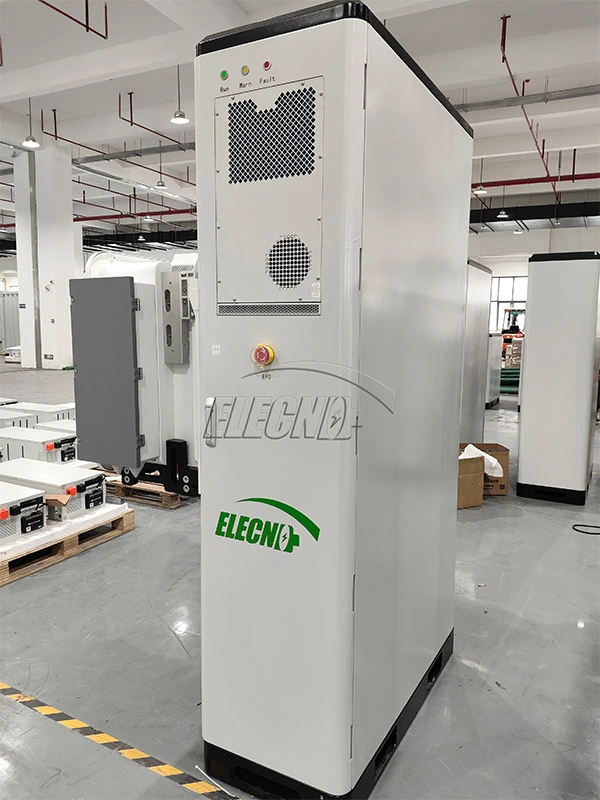 Energy storage cabinet exterior showing ventilation panel, indicators and emergency stop