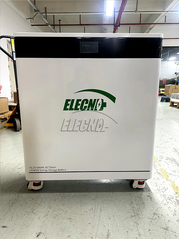 Front view of the ELECNO floor-standing battery labelled 51.2V 600Ah 30.72kWh