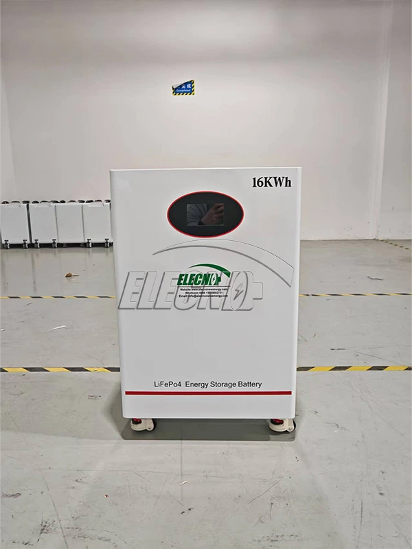 Front view of the ELE 16kWh LiFePO4 energy storage battery with display and wheeled base