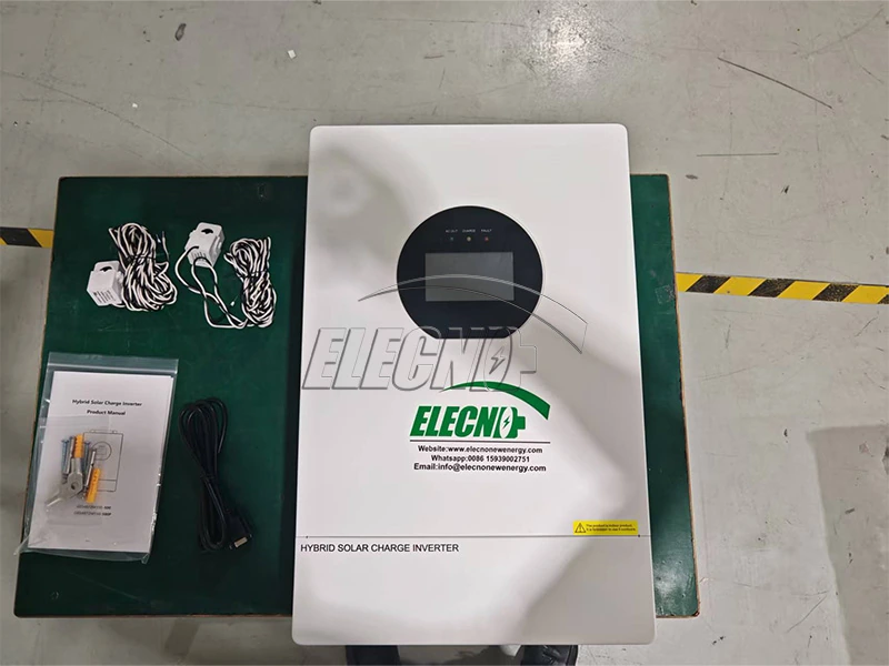 ELECNO hybrid solar charge inverter shown with leads, manual and small accessories