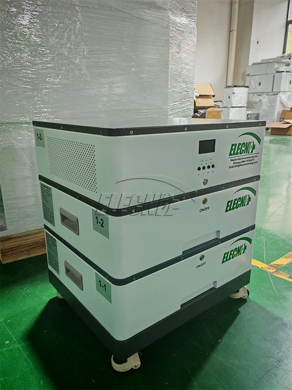 Side view of the same ELE stacked battery system, showing battery sections and wheeled base