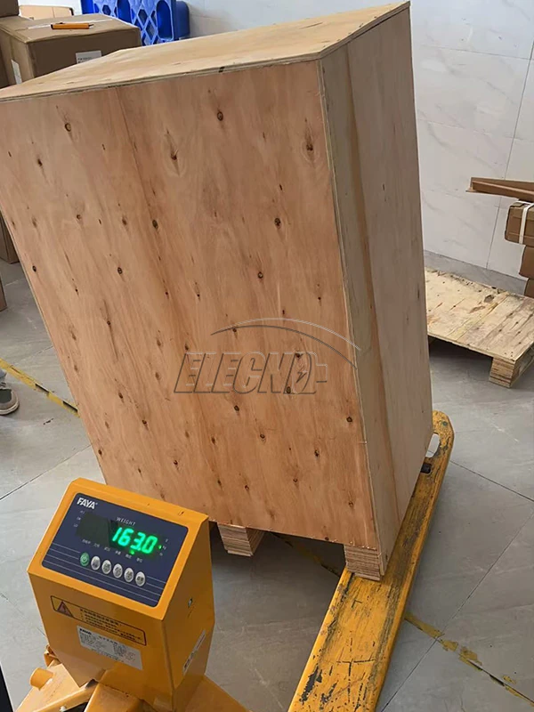 Enclosed wooden crate on a pallet during preparation of the Malaysia 10kWh battery shipment