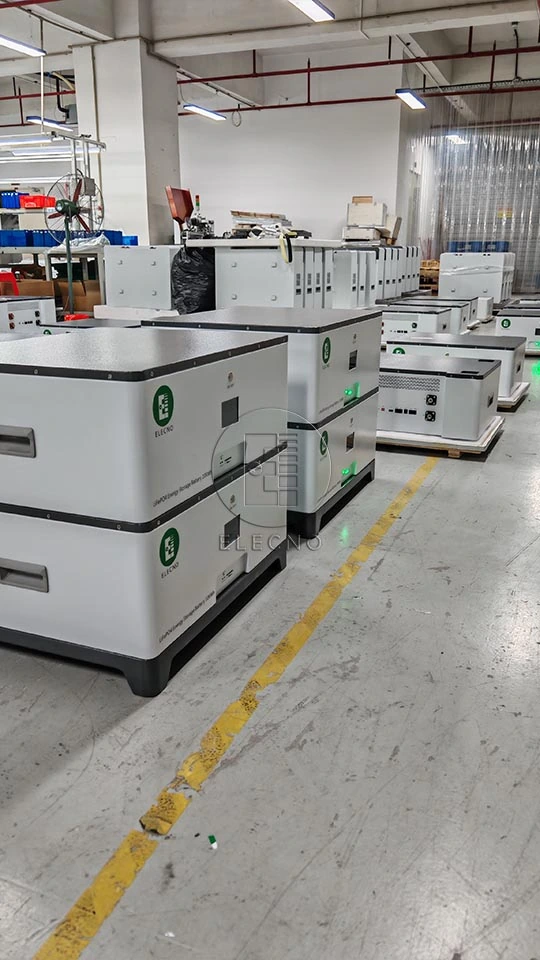 Modular battery assemblies photographed in the factory during shipment preparation