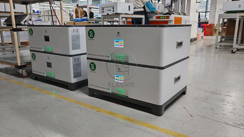 Two-level ELECNO battery assemblies on bases during preparation for the Malaysia order