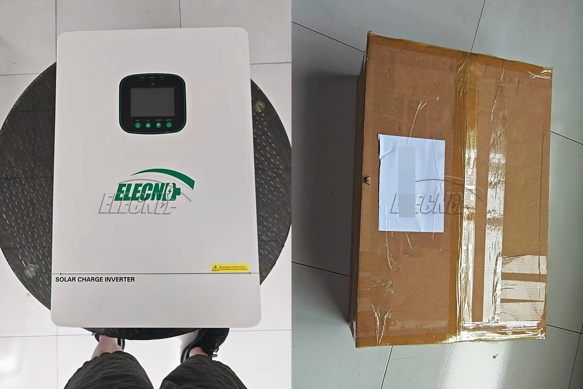 ELECNO solar charge inverter and sealed shipping carton prepared for the Nigeria shipment