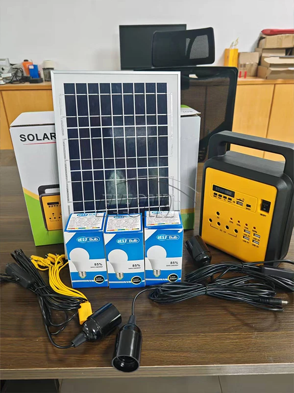 Portable solar lighting kit with solar panel, handled control unit, bulb boxes and cables