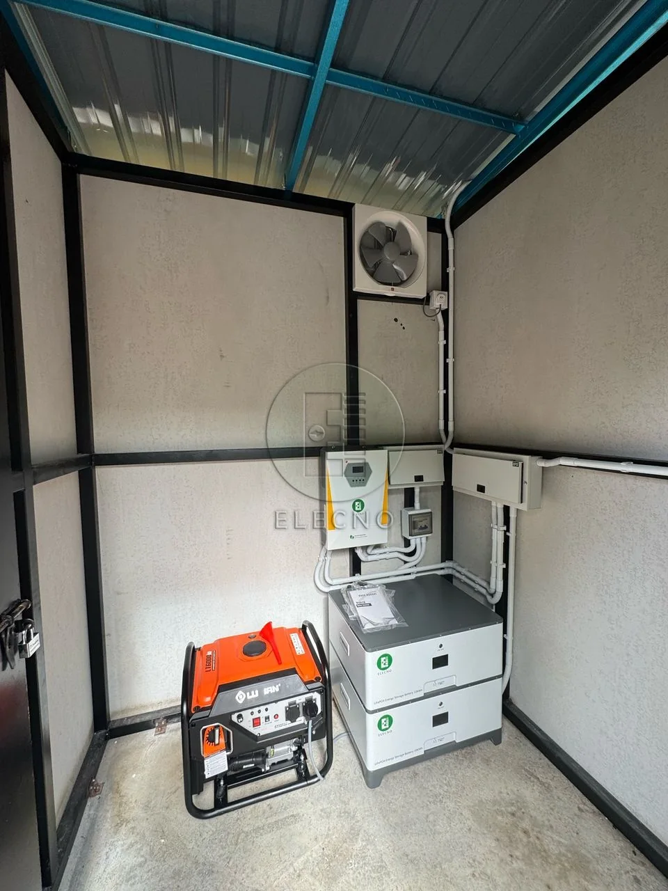 ELECNO stacked battery, inverter and generator installed in a farm equipment room in Malaysia